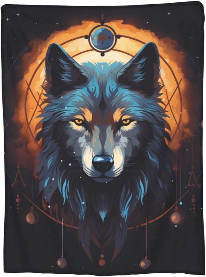 Cartoon Wolf Dream Catcher Blanket Gifts Moon Wolves Flannel Throw Blankets for Home Decor Couch Bed Sofa Soft Fuzzy Lightweight for All Season 60x50 Inches