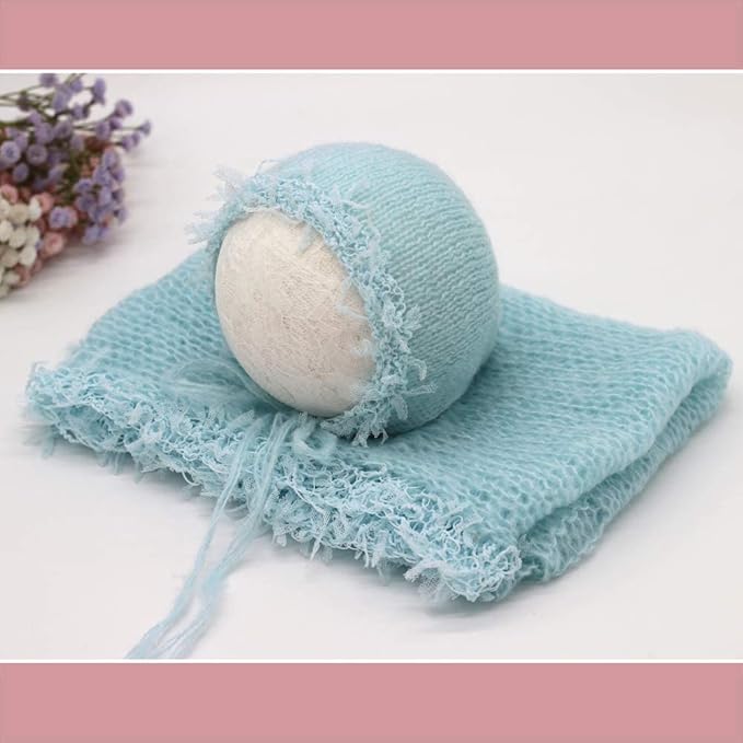 Vemonllas Newborn Infant Baby Boys Girls Photography Props Mohair Lace Hat and Wrap Blanket Cloth (Light Blue)