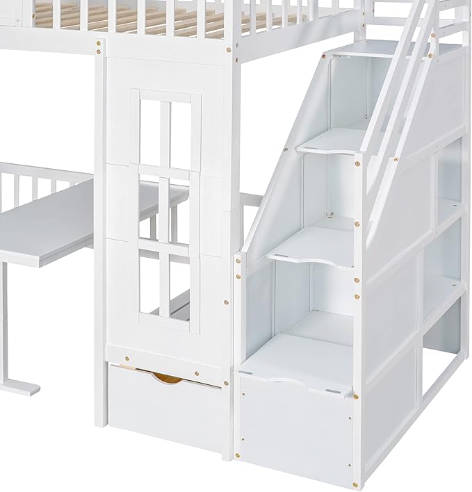 MERITLINE Twin Over Twin Castle House Loft Bed with Stairs and Storage Drawers,Solid Wood Princess Convertible Bunk Bed with Desk and Seat (White (Convertible))