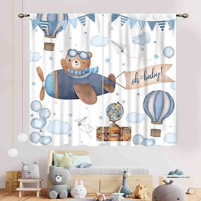 Cartoon Bear Curtains, Kids Boys Girls Cute Lovely Bear Adventure Airplane Cloud Pastel Blue Window Drapery Treatments for Baby Living Room Bedroom Nursey Toddler Classroom 2 Panels, 63"x63" Inch