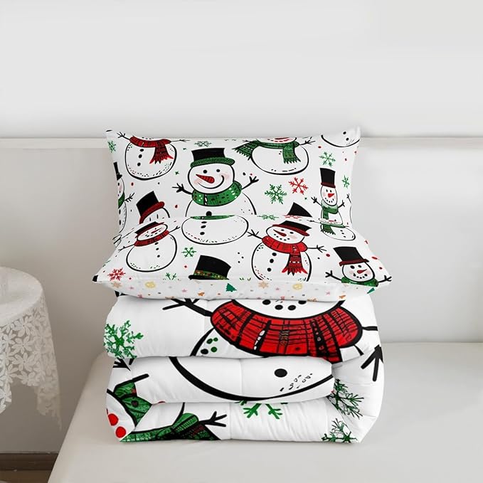 Feelyou Christmas Comforter Set All Season Snowman Bedding Set with 1 Pillow Cases Snowflake Microfiber Kids Toddler Bedclothes Bedroom Decor Duvet Quilt Breathable Soft Lightweight
