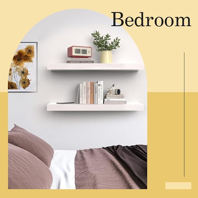 Habudda Floating Shelves, Natural Wood Wall Shelf, White Wooden Rustic Decor for Bathroom Kitchen Bedroom, 23.6 inches Hanging Mounted Invisible Bracket, 2 Set