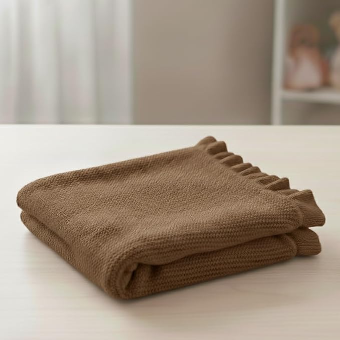 Cotton Baby Blanket with Ruffle Edge Soft Breathable Newborn Blanket for Boys & Girls, Lightweight Knit Throw for Crib, Stroller & Nursery Multiple Colors Available Mocha 28x36