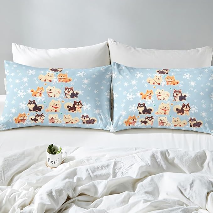 Xmas Tree Duvet Cover Set Queen Size, Cute Christmas Dogs Print Comforter Cover with 2 Pillowcases, New Year White Snowflake Print Bedding Set 3pcs for Kids Boys Girls Bedroom Decor,No Comforter