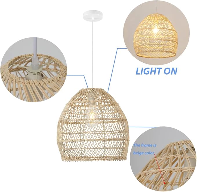 Bamboo Pendant Light Fixture Boho Style 1 Lights Rattan Pendant Lamp Woven Hanging Light for Kitchen Island Nursery in Beige(13.7" W)