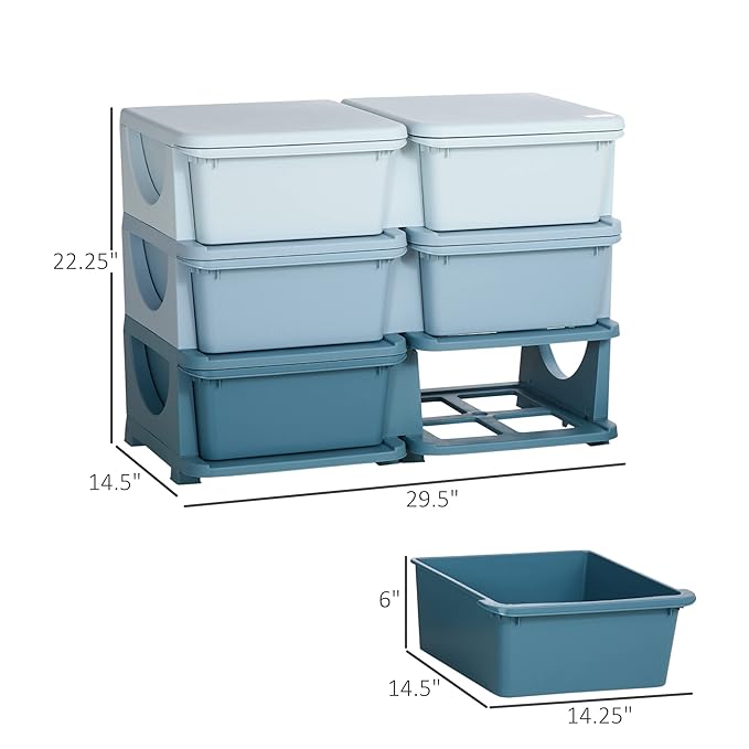 Qaba 3 Tier Kids Storage Unit, 6 Drawer Chest Toy Organizer Plastic Bins for Kids Bedroom Nursery Kindergarten Living Room for Boys Girls Toddlers, Blue