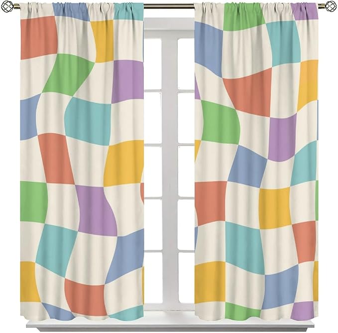 Checkered Curtains,70s Vintage Twisted Checkered Window Drapes Colorful Groovy Trendy Wavy Hippie Grid Print Window Treatments for Kids Girls Bedroom Living Room Bathroom 84" W X 84" L