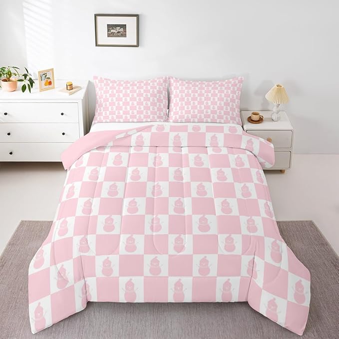 Feelyou Christmas Comforter Set Twin Size Checkered Bedding Set for Kids Boys Girls Snowman Duvet Quilt Xmas Decorations Bedroom Decor Pink Microfiber 2 Pcs with 1 Pillow Cases Soft Lightweight