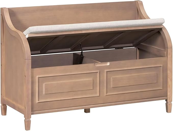 Merax Storage Bench, 41.9” Solid Wood Storage Chest with Backrest and Safety Hinge, Large Storage Space Bench with Upholstered Cushions,Supports 250 lb and Easy Assembly for Small Space, Brown