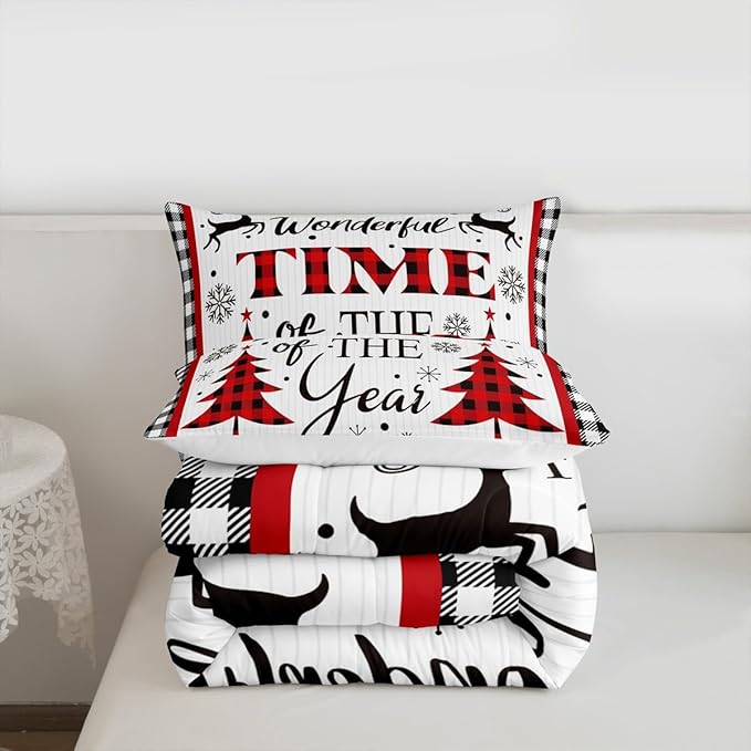 Merry Christmas Kids Comforter Set King Size,Snowflake Deer Pine Trees Romantic Bedding,Girls Boys Adults Bedroom/Xmas Cabin Decor,Grids Stylish Down Comforter,Rustic Duvet Insert,2 Pillowcases