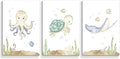 Wodkwq Nursery Wall Art Sea Animal Canvas Prints Baby Girl Boy Room Decor Watercolor Paintings Pictures Cute Ocean Theme Toddler Room Decoration Set of 3 for Kids Bedroom Bathroom 12x16in Unframed