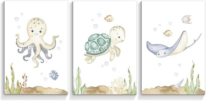 Wodkwq Ocean Nursery Decor,Nursery Wall Decor,Kids Bathroom Decor,Under The Sea,Boys Room Sea Animal Wall Art Picture Canvas Prints Set of 3,Bedroom 16x24 Inch Framed