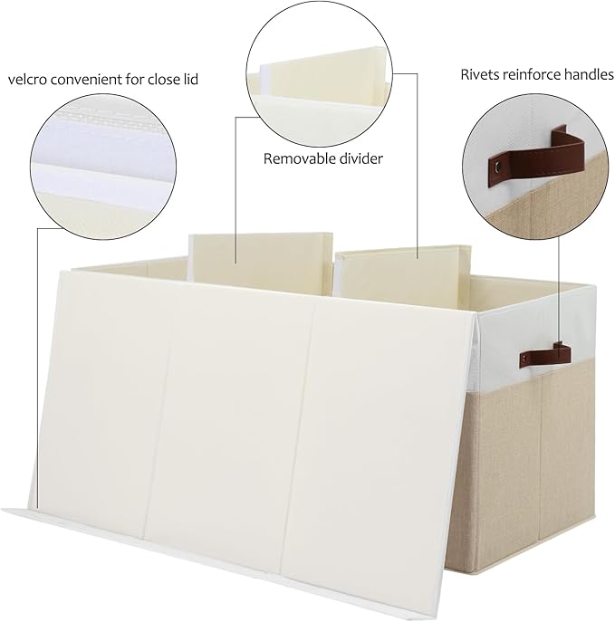 Extra Large Toy Storage Box with Lid, Sturdy Toys Storage Chest Bin Organizer Basket with Dividers for Kids, Boys, Girls, Nursery, Closet, Bedroom, Playroom 35.5"x17" x17" (Beige and White)