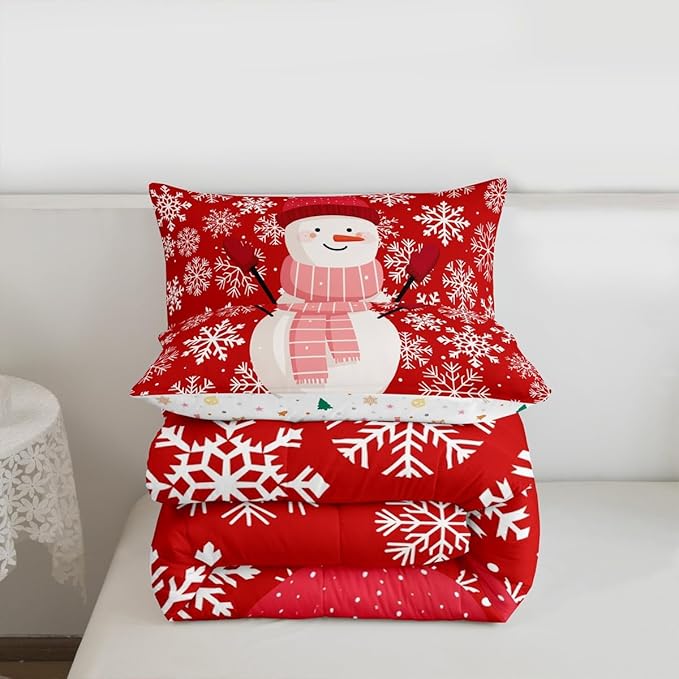 Feelyou Christmas Comforter Set All Season Snowman Red Bedding Set with 1 Pillow Cases Xmas Snowflakes Microfiber Kids Twin Bedclothes Winter Snow Bedroom Decor Duvet Quilt Breathable Soft Lightweight