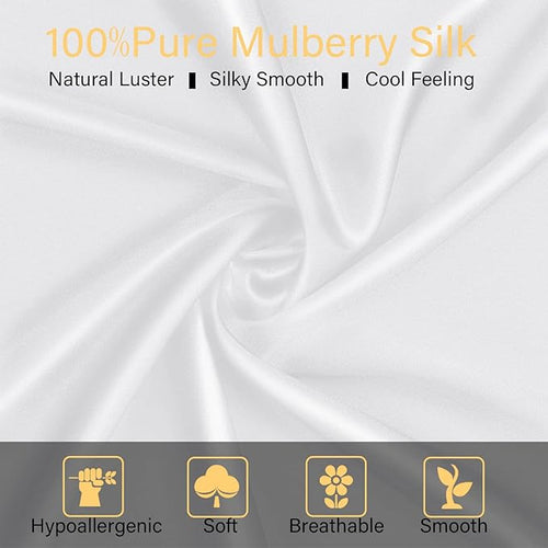 100% Mulberry Silk Pillowcase 2 Pack for Hair and Skin,with Hidden Zipper,Both Sides 22 Momme Natural Silk Pillow Cover,Soft Breathable & Smooth (White, Standard)