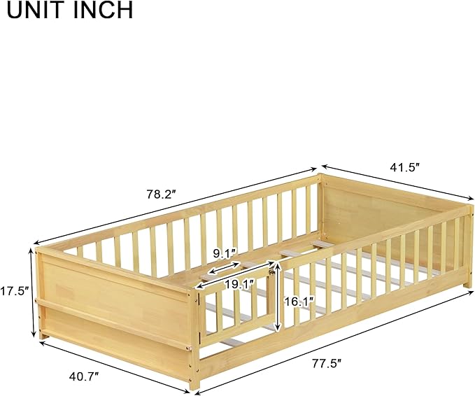 Twin Size Kids Montessori Floor Bed with Door,Twin Floor Bed Frame with Slats and Bookcase,Solid Wood Montessori Bed for Girls Boys,Natural