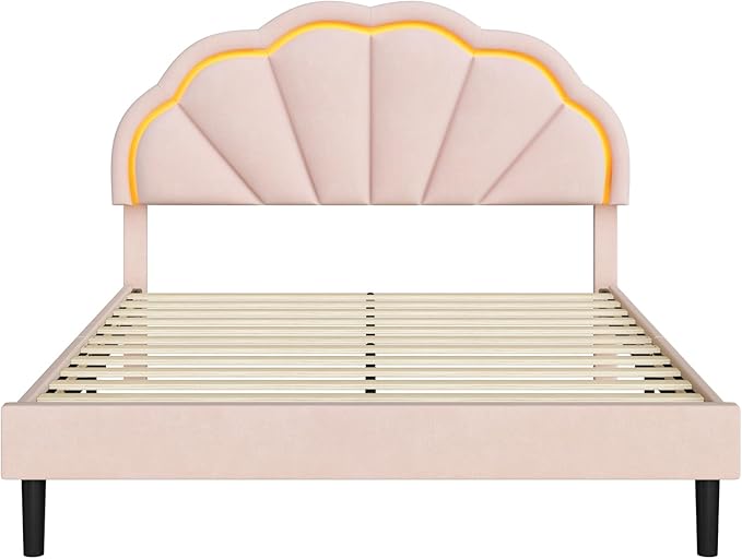 HIFIT Full Upholstered Smart LED Bed Frame with Adjustable Chic Petal Headboard, Princess Full Size Platform Bed Frames for Kids/Girls, Wooden Slats Support, No Box Spring Needed, Easy Assembly, Pink