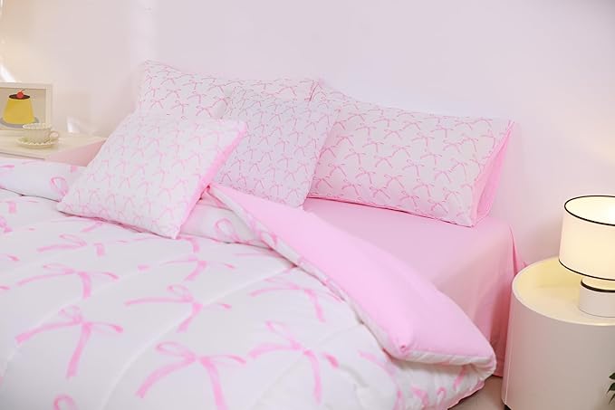7 Pieces Cartoon Bowknot Kids Comforter Full,Pink Bow Tie Butterfly Knot Princess Bedding Set,Watercolor Bow Patchwork Pink White（Comforter+Fitted+Flat Sheet+2 Pillowcases+2 Throw Pillow Covers）