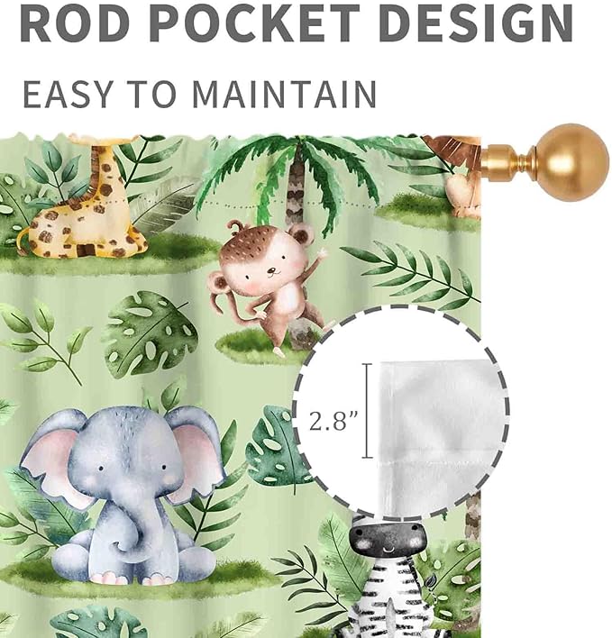 Jungle Safari Animals Curtains, Cartoon Animals Lion Giraffe Elephant Woodland Tropical Leaf Green Window Drapery for Kids Boys Girls Baby Living Room Bedroom Nursery 2 Panels, 52"x84" Inch