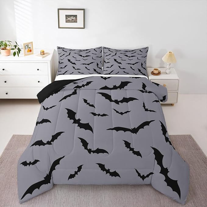 Erosebridal Halloween Comforter Set Black Bats Bedding Set Toddler Size,Black Grey Halloween Decor Quilt for Kids Boys Girls Adults Gothic Spooky Bat Down Comforter,Horror Animals Decorations