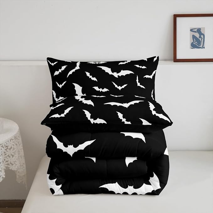 Erosebridal Bat Comforter Set Queen Size for Kids Bedroom with 2 Pillow Cases Happy Halloween Bedding Set Gothic Spooky Duvet Insert Cartoon Style Quilt, Black White