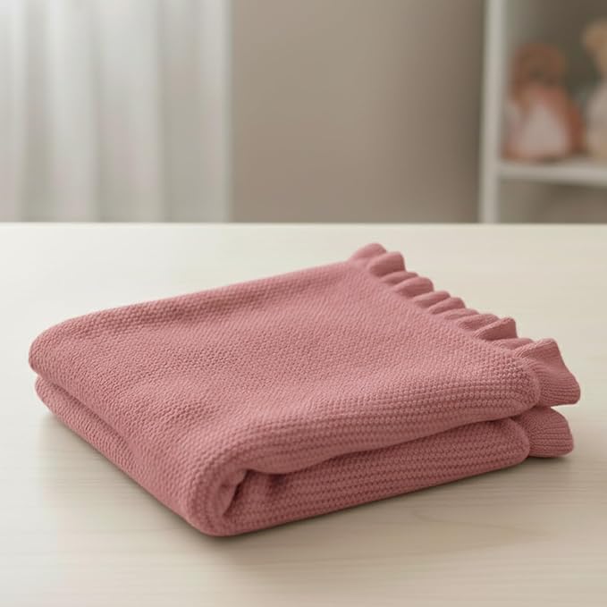 Cotton Baby Blanket with Ruffle Edge Soft Breathable Newborn Blanket for Boys & Girls, Lightweight Knit Throw for Crib, Stroller & Nursery Multiple Colors Available Rose Pink 30x30