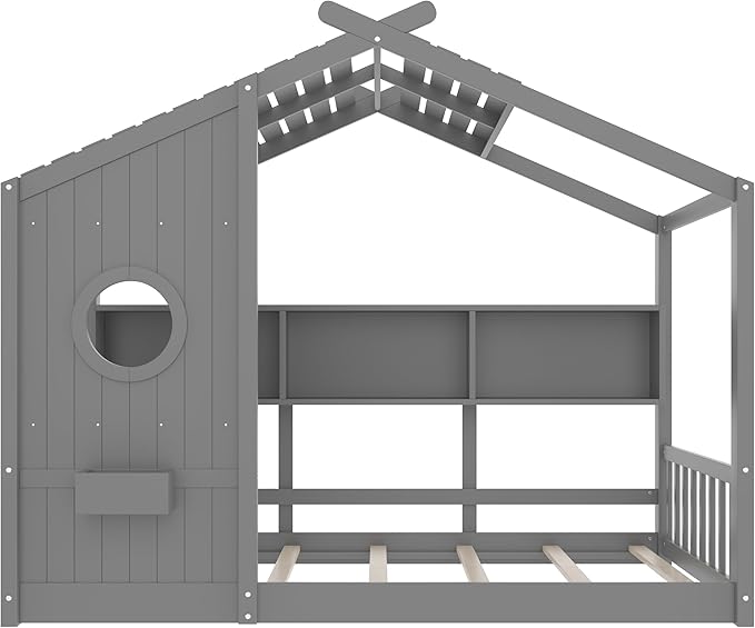 Twin Size Floor House Bed with Roof and Window for Kids, Wooden Playhouse Bed with Storage Shelves for Bedroom Furniture Girls & Boys (Gray/L2, Twin)