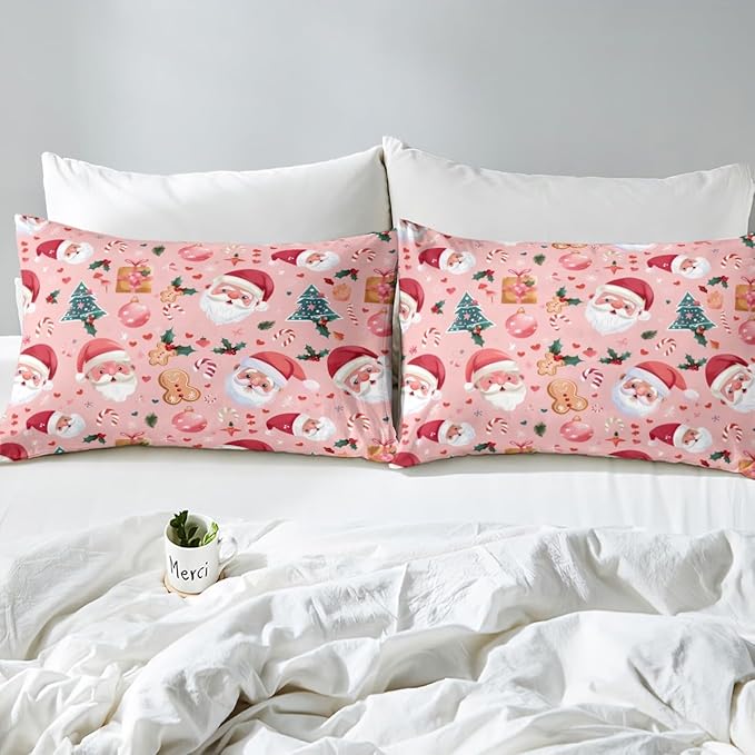 Feelyou Christmas Bedding Set Pink Christmas Duvet Cover Set for Kids Boys Girls Cookies Comforter Cover Christmas Tree Quilt Cover Bedroom Collection 3Pcs Queen Size,No Comforter