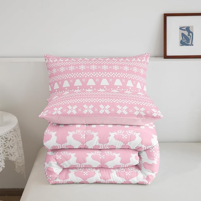 Feelyou Pink Christmas Bedding Set for Kids Boys Girls King Size Xmas Deer Elk Decor Comforter Set Ultra Soft Winter Comforter Snowflake Duvet Quilt Bedroom Decor Christmas Ornaments Quilt