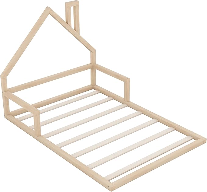 Harper & Bright Designs Full Size House Floor Bed, Montessori Floor Bed for Kids, Solid Wood Low Bed Frame for Bedroom, Playroom, Wooden Slats Support, Natural