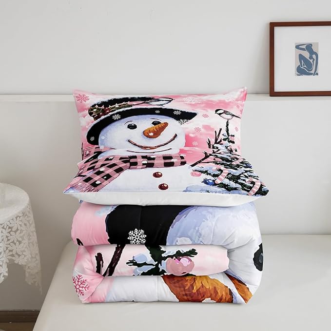 Feelyou Kids Christmas Theme Decorations Bedding Set Xmas Snowman Comforter Set for Boys Girls Snowflake Kawaii Cute Pink Bedroom Collection Twin Size