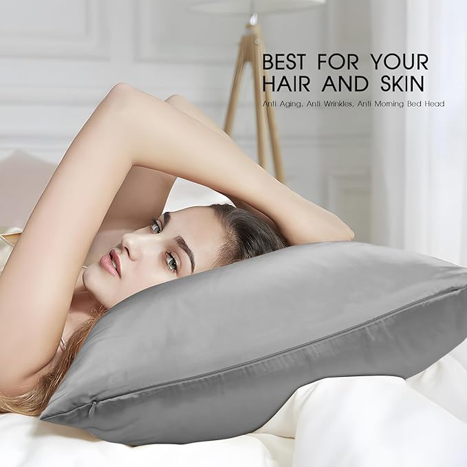 100% Mulberry Silk Zippered Bed Pillowcase for Hair and Skin,Zip Up Real Silk Large Pillow Case,19 Momme Grade 6A,1pc,Silver Grey,Super King Size 20x36 Inches