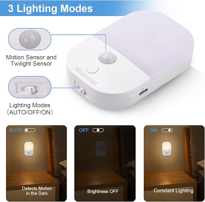 Night Light with Auto Motion Sensor, Rechargeable Battery, Type-C LED Stick-On Stair Lights with Twilight Sensor, Adjustable Brightness, Warm White for Wall, Hallway, Stairs, Cabinet (2 Pack)