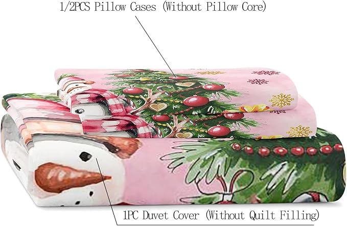 LUVIVIHOME 3PCS Snowman Duvet Cover Full Bedding Set, Pink Duvet Cover, Kids Teens Girls Bedding, Christmas Tree Snowflake Holiday New Year Xmas Gifts Christmas Comforter Quilt Cover, 2 Pillow Shams