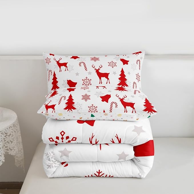 Feelyou Merry Christmas Bedding Set Soft for Boys Girls, Xmas Tree Reindeer Comforter Set Toddler Size Candy Cane Bell Duvet Quilt Microfiber Snowflake Bedroom Decor 2 Pcs with 1 Pillow Cases