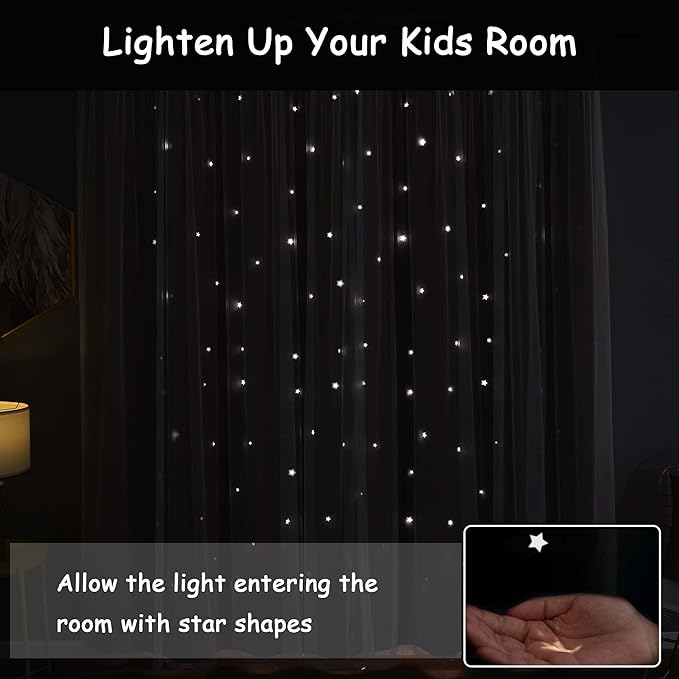 Kinryb Blackout Curtains for Girl Bedroom/Living Room/Classroom, Sheer Overlay Small 2 Panel Set, Double Layer Curtains with Star Cutout for Kids Room(W 52 x L 45 Inches,Beige 2 Pcs)