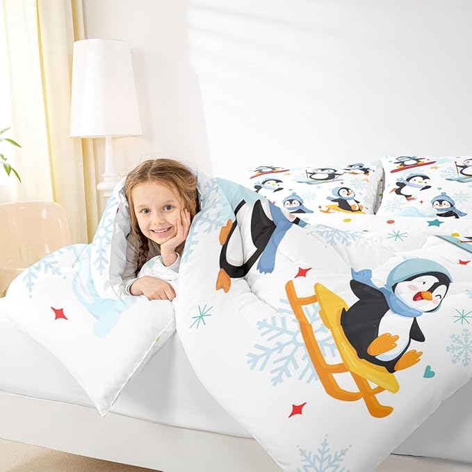 Cute Cartoon Skiing Penguin Twin Size Comforter Set for All Seasons,Winter Snowflake New Year Bedding Set Teens Bedroom Decor,Merry Christmas Theme Comforter Inner Fill with 1 Pillowcase