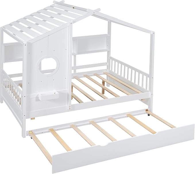 Merax Wood Full Multifunctional Montessori Daybed with Trundle/Storge Shelves, Low House Bed for Kids Boys Girls,Easy Assemble, White