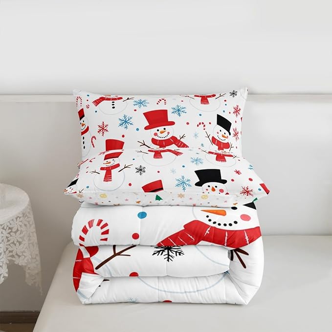 Feelyou Merry Christmas Comforter Set All Season Snowman Bedding Set with 2 Pillow Cases Winter Holiday Microfiber Kids King Bedclothes New Year Gift Bedroom Decor Duvet Quilt Soft Lightweight