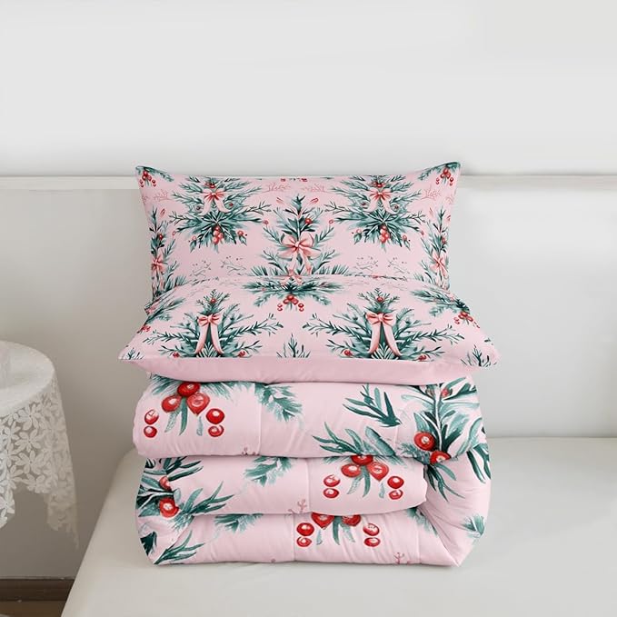 Feelyou Merry Christmas Kids Comforter Set Full Size Green Xmas Tree Bedding Set Pink Bow Duvet Quilt for Kids Boys Girls Bedroom Decor Microfiber Ultra Soft Breathable