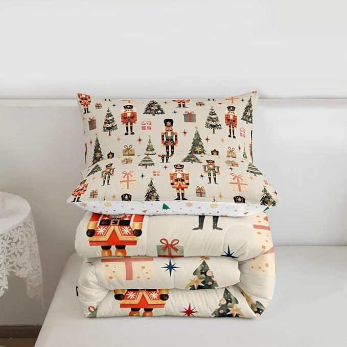 jejeloiu Xmas Nutcracker Comforter Set Queen Size Christmas Beige Bedding Set for Kids Boys Girls Cute Snowflakes Duvet Quilt Bedroom Decor