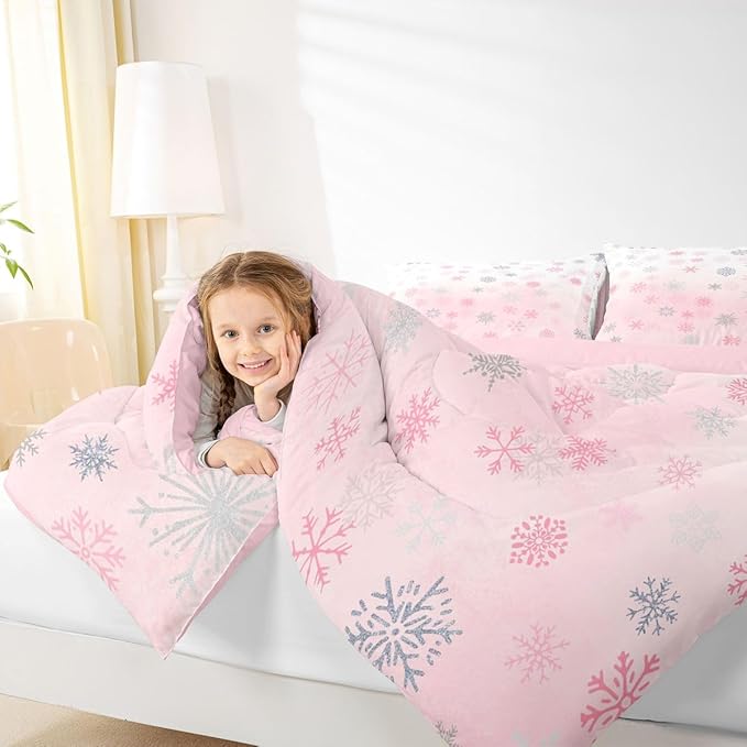 Feelyou Pink Snowflake Comforter Set Twin, Glitter Snowflake Comforter for Boys Girls Winter Theme Bedding Set Winter Holiday Duvet Set Decorative 2Pcs
