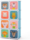 Costzon Kids Closet, Cartoon DIY Modular Dresser Storage Organizer with 8 Cubes & Clothes Hanging Rack, Portable Armoire for Baby Toddlers, Kids Wardrobe for Bedroom Nursery, Blue