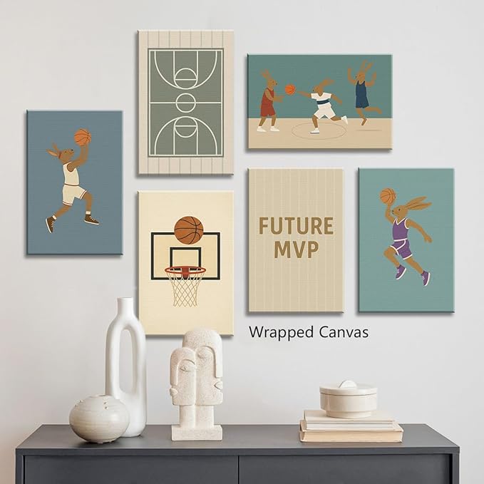 Basketball Canvas Wall Art, Nursery Animal Sports Posters, Bunny Rabbit Athletes Pictures, Positive Quote Print, Kids Bedroom Basketball Court & Hoop Decor 12x16in Wrapped Canvas
