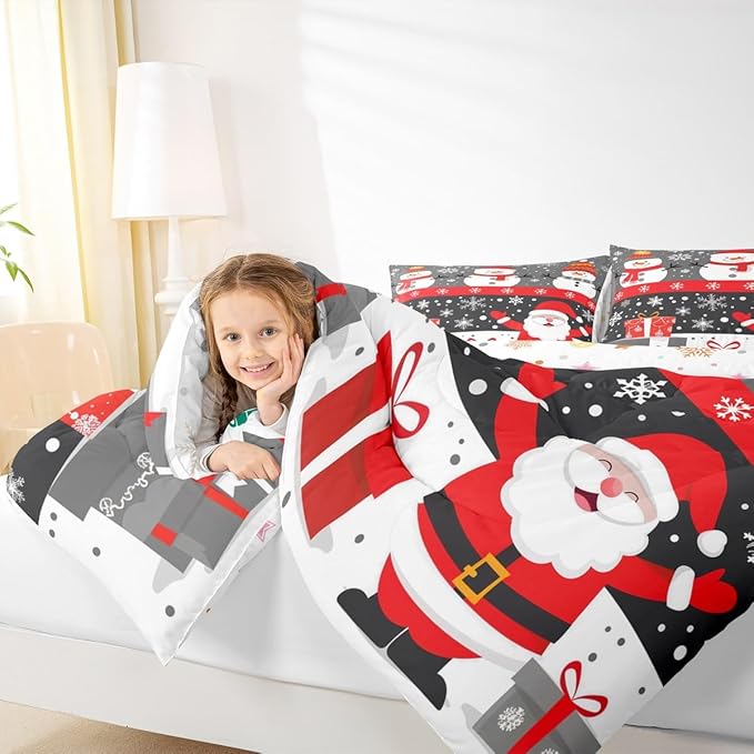 Feelyou Christmas Bedding Set Soft for Boys Girls, Merry Christmas Comforter Set Twin Size New Year Gift Duvet Quilt Microfiber Snowflake Bedroom Decor 2 Pcs with 1 Pillow Cases