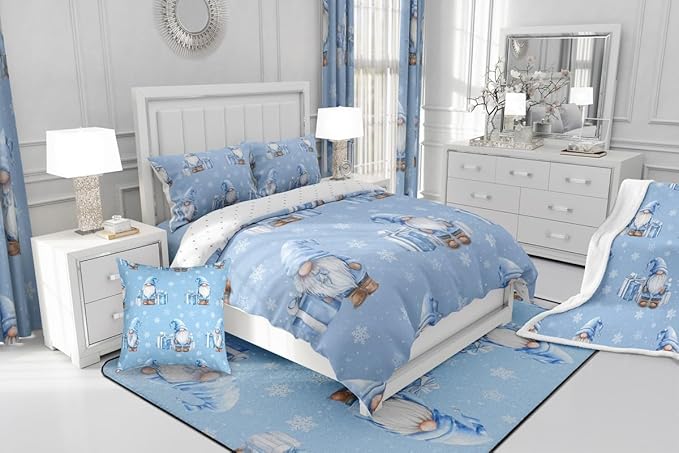 Feelyou Blue Christmas Comforter Set Full Size Scandinavian Christmas Santa Gnomes Bedding Set for Kids Boys Girls Xmas Snowflake Duvet Quilt Bedroom Decor 3 Pcs with 2 Pillow Cases