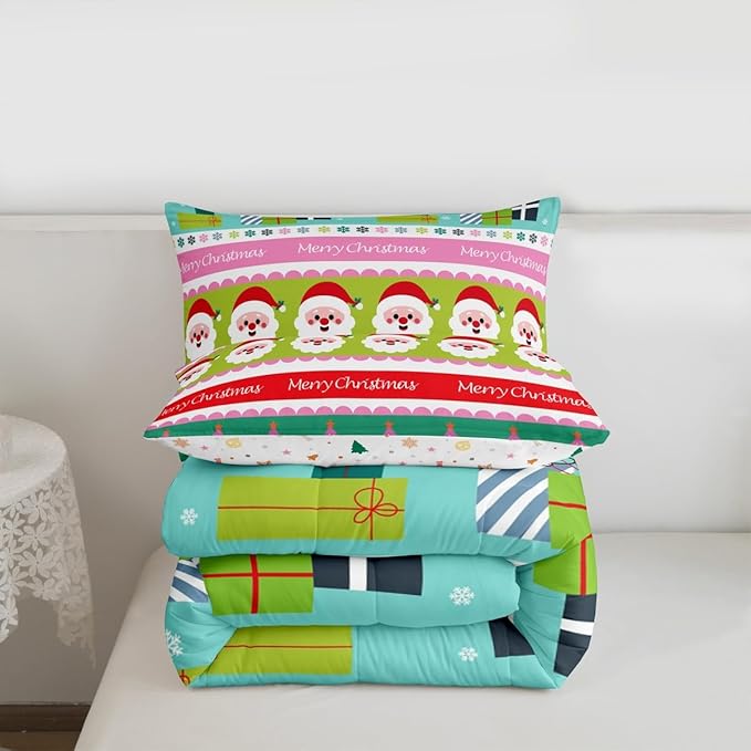Feelyou Merry Christmas Comforter Set King Size Santa Claus Bedding Set for Kids Boys Girls Xmas Tree Snowflake Duvet Quilt Striped Bedroom Decor Microfiber 3 Pcs with 2 Pillow Cases
