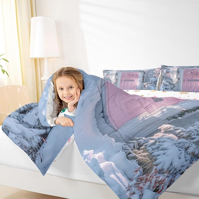 Feelyou Winter Snowscape Bedding Set Soft for Boys Girls, Merry Christmas Comforter Set Twin Size Pink Door Duvet Quilt Microfiber Garland Xmas Tree Bedroom Decor 2 Pcs with 1 Pillow Cases