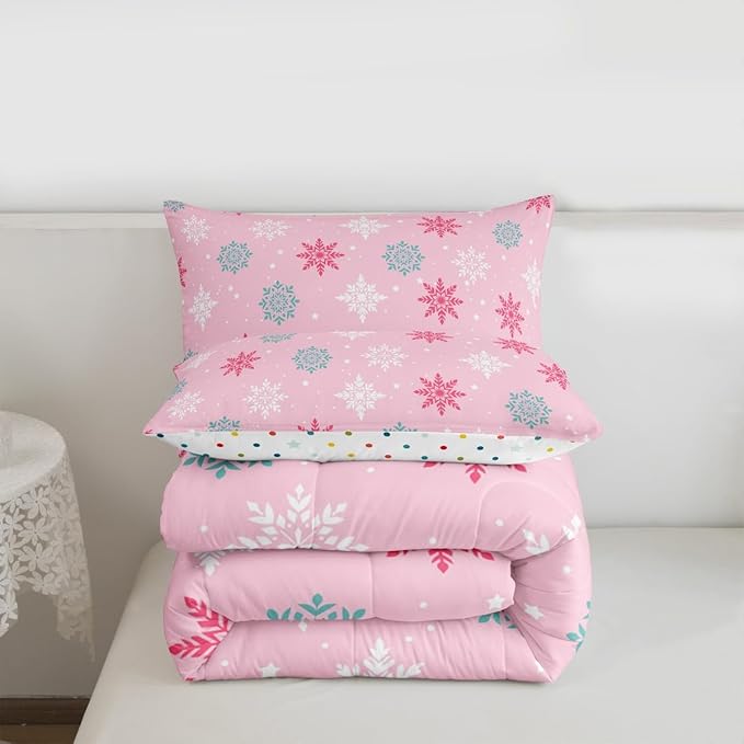 Feelyou Winter Snowflakes Bedding Set Soft for Boys Girls, Winter Holiday Comforter Set King Size Frozen Snowflake Duvet Quilt Microfiber Pink Bedroom Decor 3 Pcs with 2 Pillow Cases