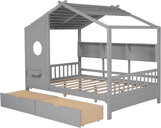 Harper & Bright Designs Full Size Modern House Bed with Roof, Wooden Twin Size House Bed with 2 Drawers and Storage Shelf, White